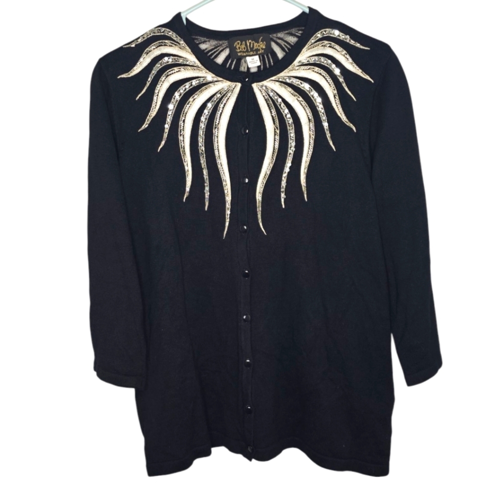Bob Mackie Wearable Art Black Beaded Embroidered Button Down Cardigan M